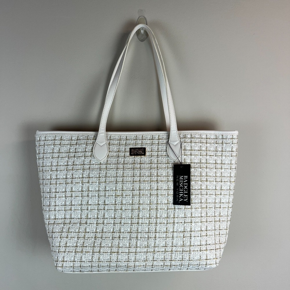 Badgley Mischka Tweed Tote Bag Ivory Gold Metallic Plaid XL Classic Elegant NWT